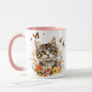 Caneca de Gatinho Fofo – Cercado por Flores e Borb