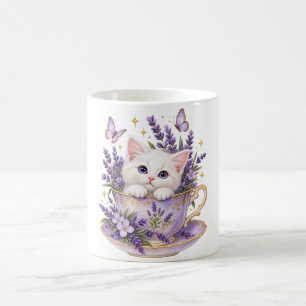 Caneca de Gato Branco Fofinho Xícara de Lavanda pa