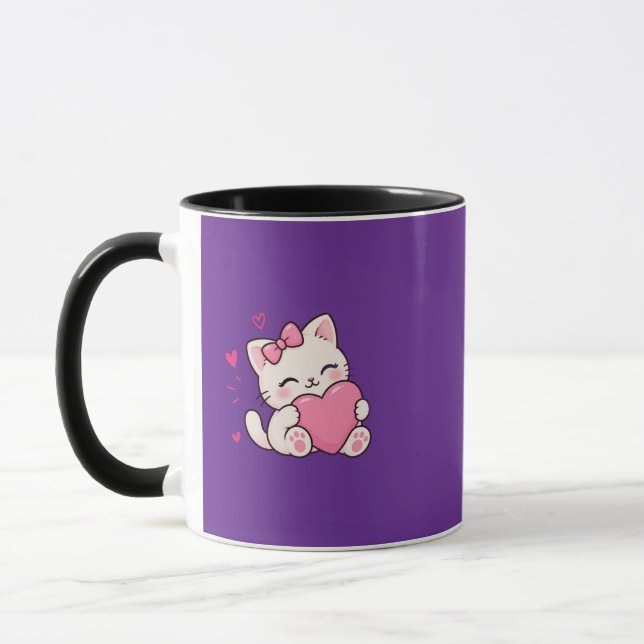 Caneca de Gato Kawaii Fofo com Coração Rosa (Esquerda)