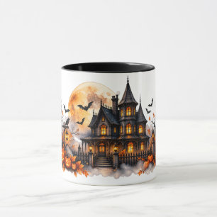 Caneca de Halloween de Casa Assombrada em Aquarela
