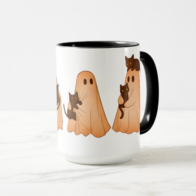 Caneca de Halloween de Fantasma Fofo e Gato Preto (Frente Esquerda)