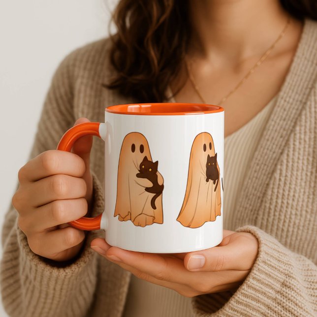 Caneca de Halloween de Fantasma Fofo e Gato Preto (Criador carregado)
