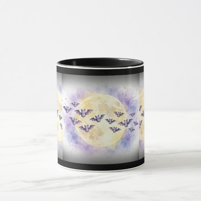 Caneca de Halloween de Morcegos em Aquarela Lua Ch (Centro)