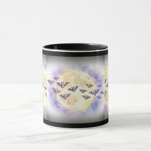 Caneca de Halloween Lua Cheia Morcegos Aquarela