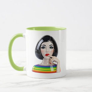 Caneca de Ilustração de Mulher com Listras de Arco