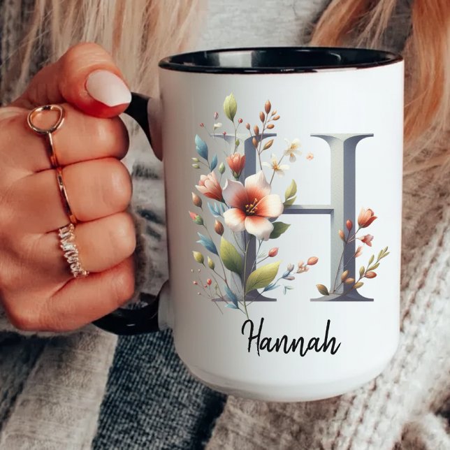 Caneca de Inicial Floral, Caneca Personalizada par (custom wildflower mug, personalized initial mug, wildflower coffee mug, birth flower mug for women,)