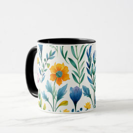 Caneca de Jardim de Flores Silvestres em Aquarela