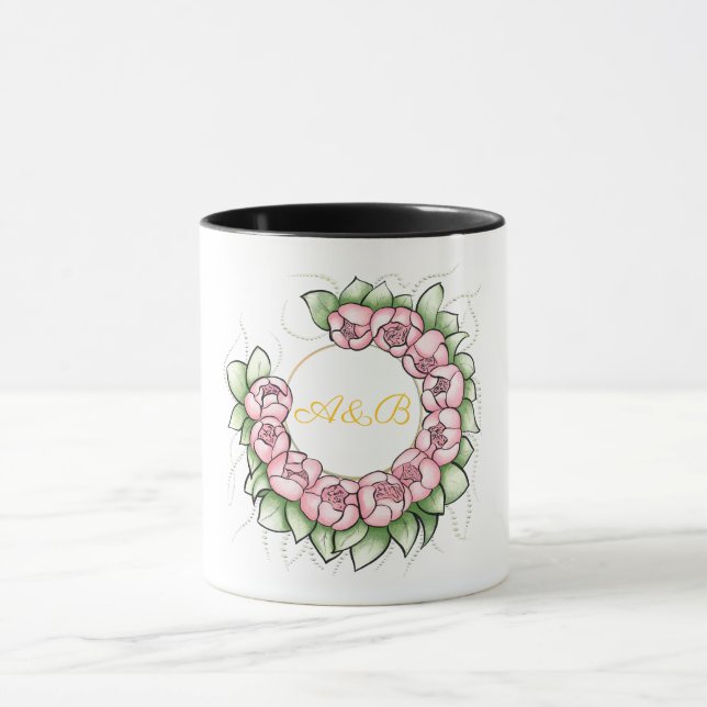 Caneca de Monograma de Casamento Preto Sofisticado (Centro)