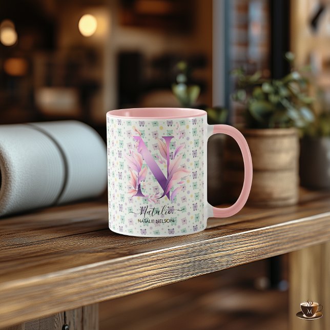 Caneca de Monograma Floral Boho Chic com Estilo -  (Criador carregado)