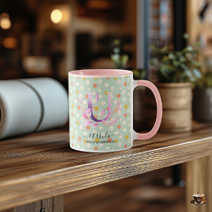 Caneca de Monograma Floral Boho Chic Elegante - U
