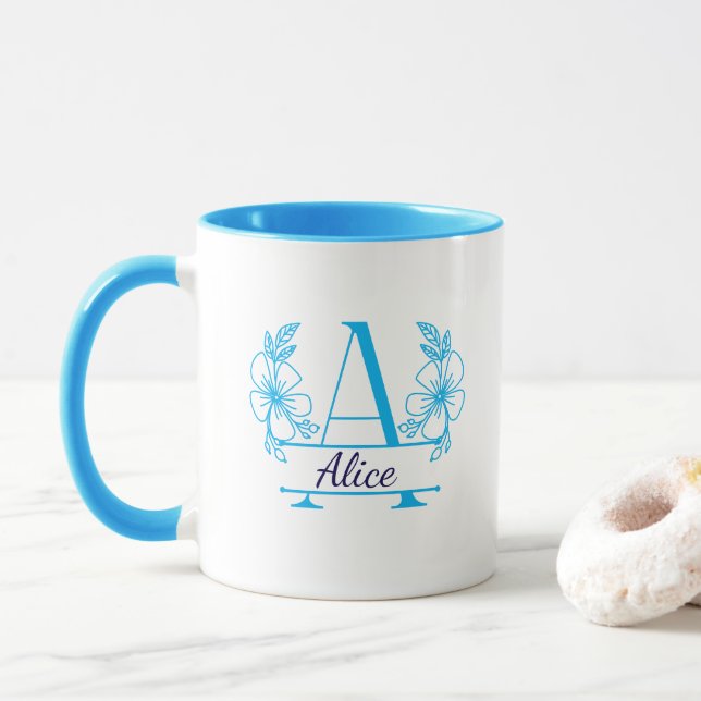 Caneca de Monograma Floral Inicial Personalizada (Com Donut)