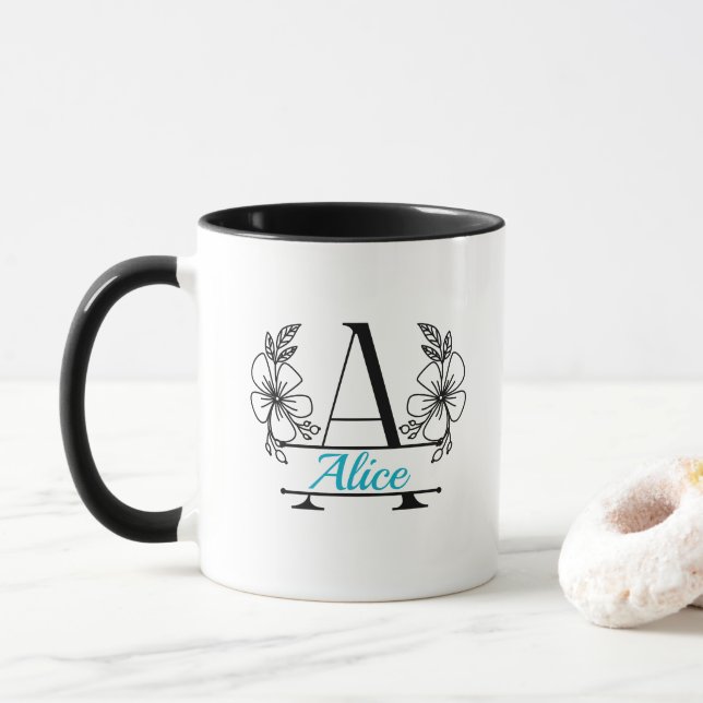 Caneca de Monograma Floral Inicial Personalizado (Com Donut)