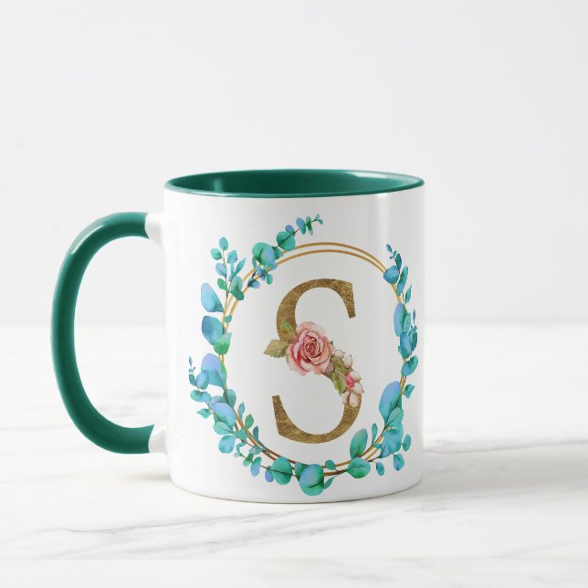 Caneca de Monograma Floral Personalizado, De A a Z (Esquerda)
