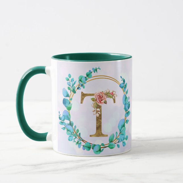 Caneca de Monograma Floral Personalizado, De A a Z (Esquerda)