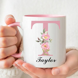 Caneca de Monograma Floral Rosa com Nome Personali