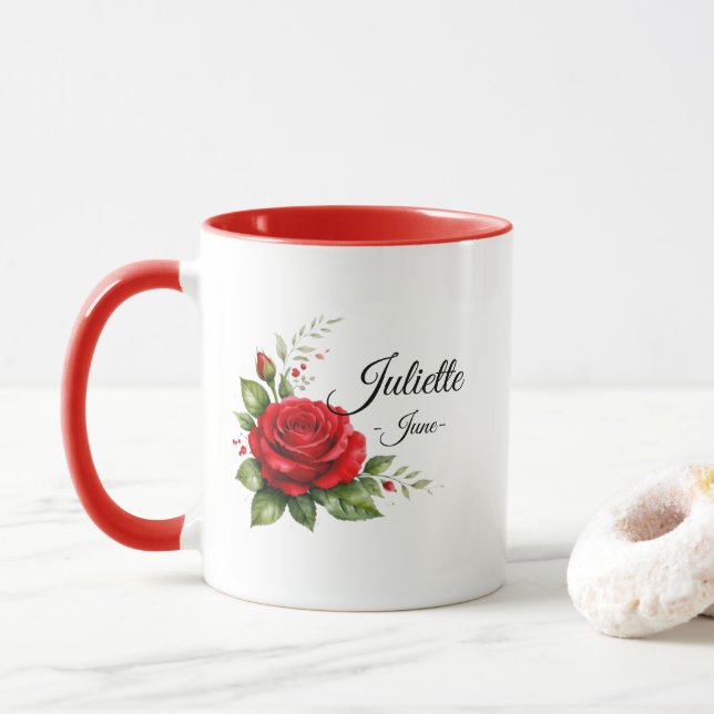 Caneca de Monograma Rosa Vermelha – Flor de Nascim (Com Donut)