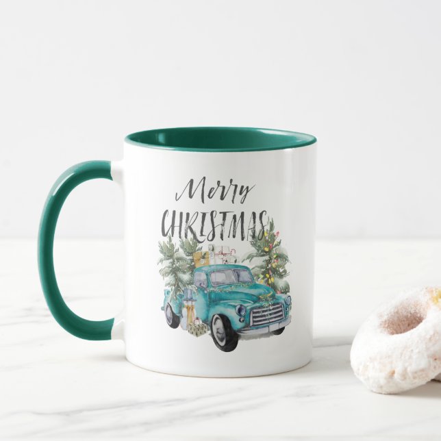Caneca de Natal Caminhão Azul Rústico Fazenda (Com Donut)