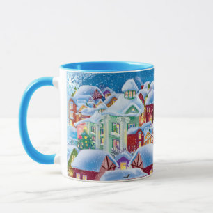 caneca de natal com casas cobertas de neve