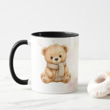 Caneca de Natal com Urso Teddy em Aquarela Rosa