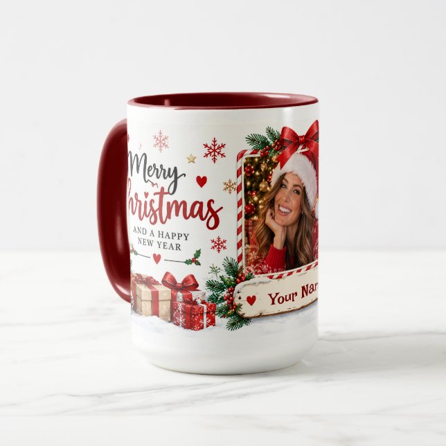 Caneca de Natal Personalizada com Foto e Nome (Frente Esquerda)