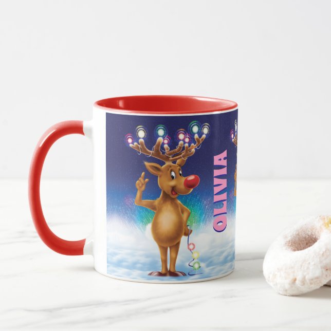 Caneca de Natal, Rudolph e luzes. Caneca (Com Donut)
