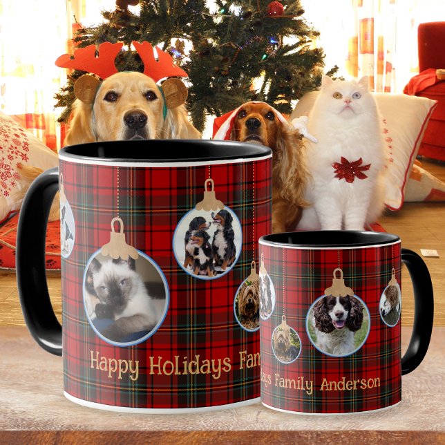 Caneca de Natal, Tartan Baubles Kids Pets Mug (Criador carregado)