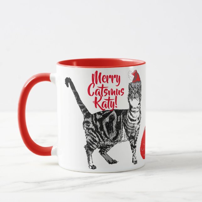 Caneca de Natal Vermelha Gata Listada Alegre Catsm (Esquerda)