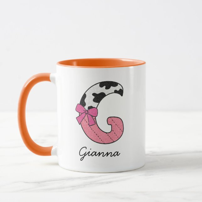 Caneca de Nome Inicial Personalizado | Vaca Rosa L (Esquerda)