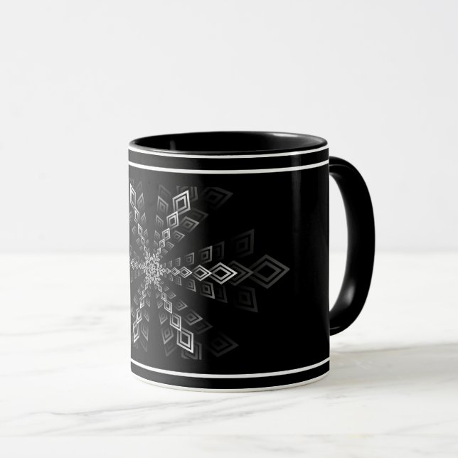 Caneca de padrão geométrico preto e branco (Frente Esquerda)