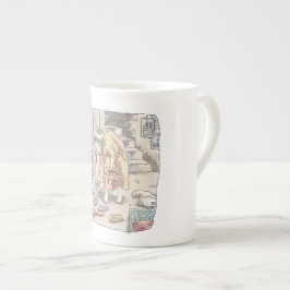 CANECA DE PORCELANA さなささじ  部屋の階段わきで屈んでたくさん落ちているゴミを拾う女性のイラスト
