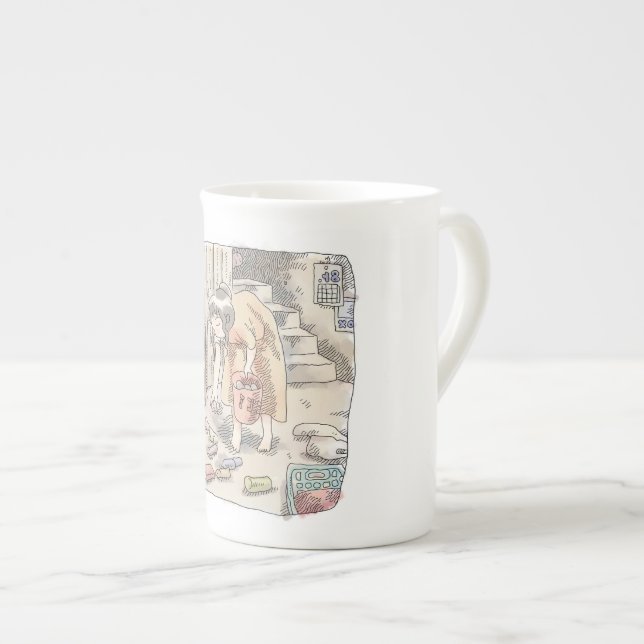 CANECA DE PORCELANA さなささじ  部屋の階段わきで屈んでたくさん落ちているゴミを拾う女性のイラスト (Frente Esquerda)