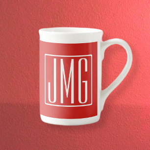 Caneca De Porcelana 3 iniciais Monograma Vermelho e Branco (ou cor d