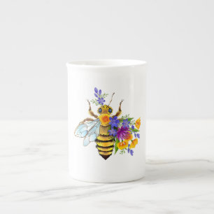 Caneca De Porcelana Abelha flor com plantas silvestres