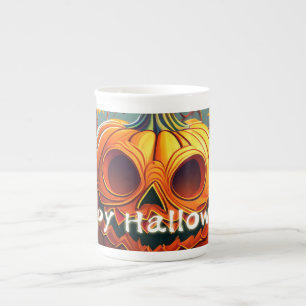Caneca De Porcelana Abóbora Laranja Assustadora com Rosto, Halloween