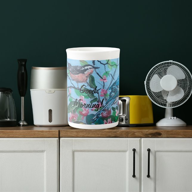 Caneca De Porcelana Afirmação "Bom dia" Arte única (Elegant Hand Painted Print Bird Watching Good Morning Mug!)