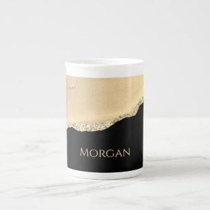 Caneca De Porcelana Ágata Dourada & Brilho, Nome Dourado em Preto