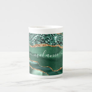 Caneca De Porcelana Agate Green Glitter Marble Custom Name Mug