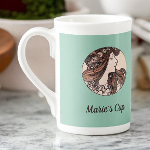 Caneca De Porcelana Alphonse Mucha Art Nouveau Mulher Com Flores