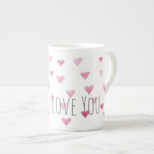 Caneca De Porcelana AMA VOCÊ Aquarela Doce Corações, Namorados Rosa
