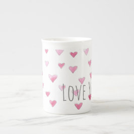 Caneca De Porcelana AMA VOCÊ Aquarela Doce Corações, Namorados Rosa