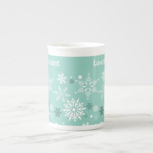 Caneca De Porcelana Amor de Natal & Luz Turquesa Azul Flocos de Neve