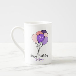 Caneca De Porcelana aniversário de 21 anos roxo e bando de balões rosa
