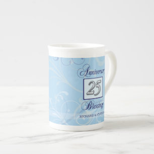 Caneca De Porcelana Aniversário de 25 em Azul e Prata