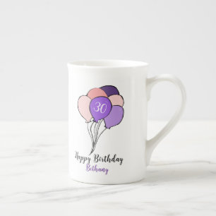 Caneca De Porcelana aniversário de 30 anos roxo e bando de balões rosa