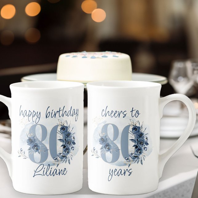Caneca De Porcelana Aniversário de 80 a 80 anos Número Floral (80th Birthday gift mug from my Floral Number Milestone Birthday Collection)