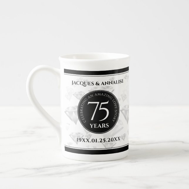Caneca De Porcelana Aniversário de Casamento de Diamante Elegante 75 (Esquerda)
