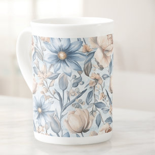 Caneca De Porcelana Aquarela Botânica Azul e Rosado
