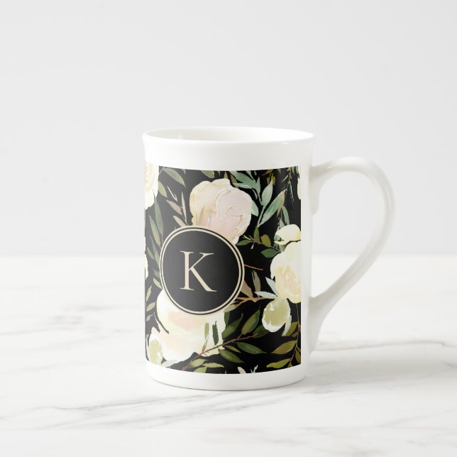Caneca De Porcelana Aquarela Romântica Verde Floral e Branco (Direita)