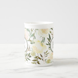 Caneca De Porcelana Aquarela Romântica Verde Floral e Branco