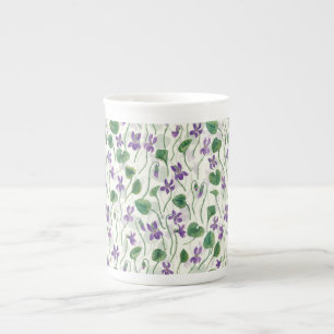 Caneca De Porcelana Aquarela violetas em branco fosco